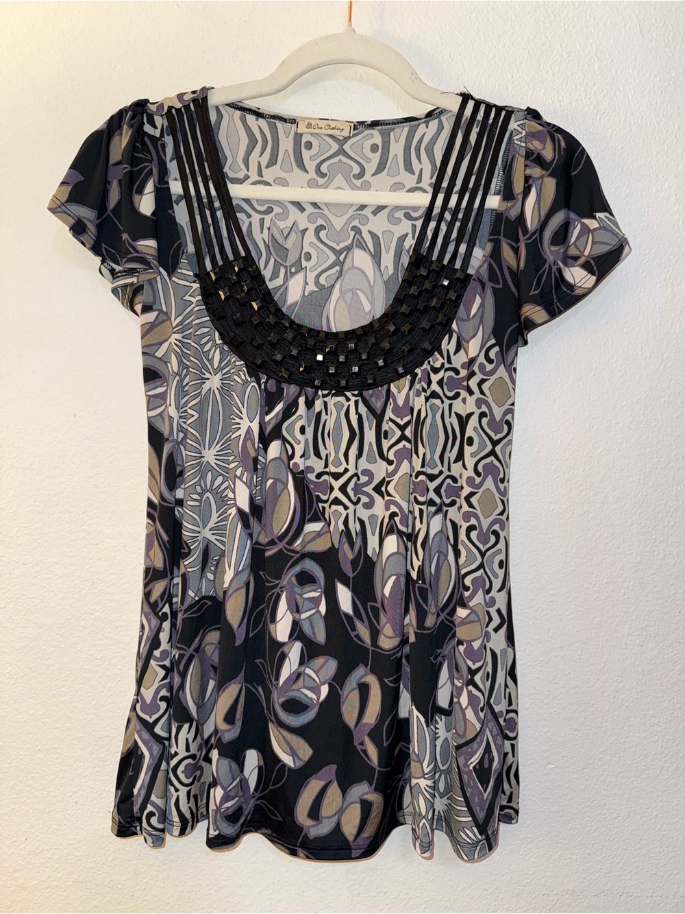 Y2K One Clothing Abstract Print Beaded Neckline Top